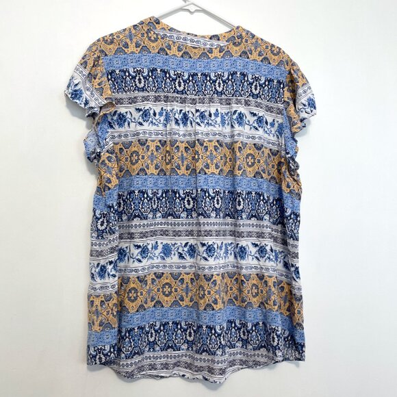 MACKENZIE JAMES Plus Size Blue White Floral Striped Boho Tie Neck Peasant Blouse - Picture 9 of 13